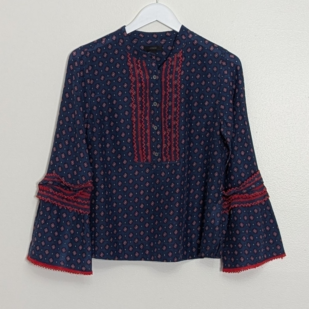 J. Crew Blouse 6 Blue Embroidered Bell Sleeve Cotton Silk Boho